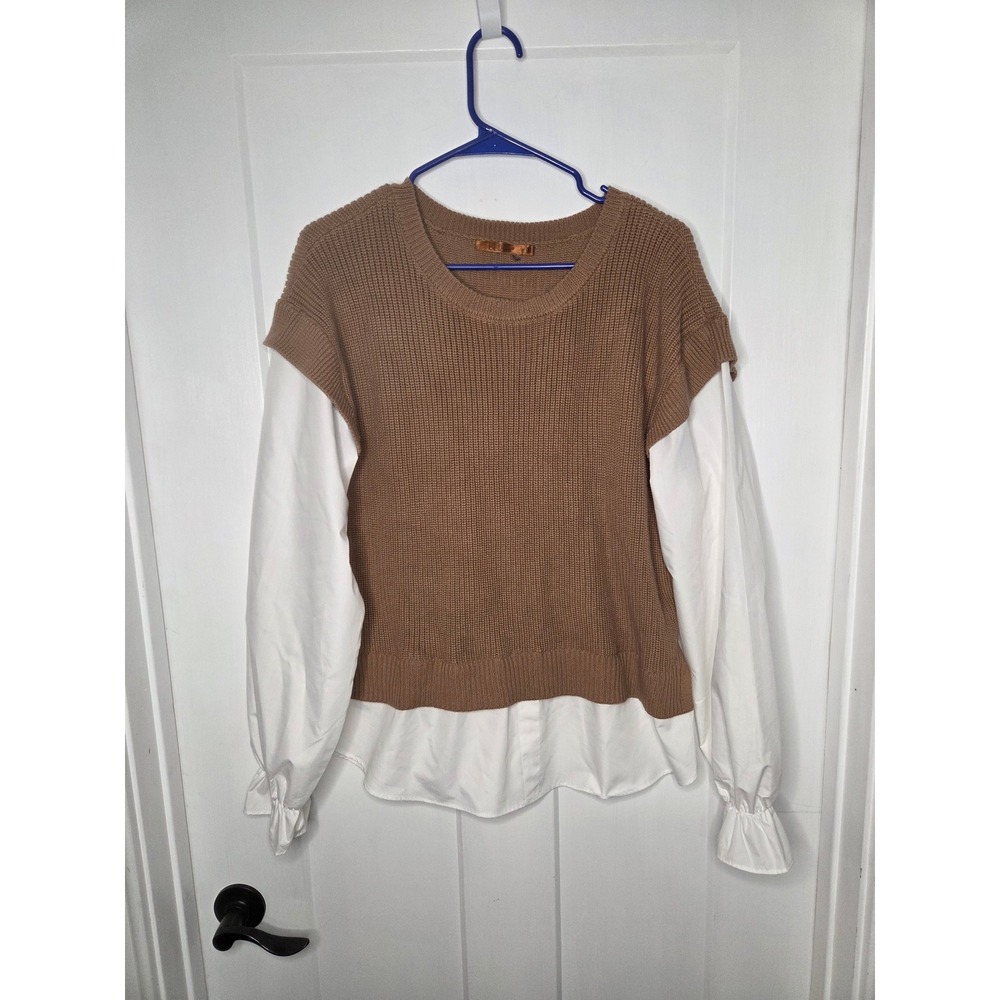 Sweater Vest & Blouse Layered Top Two-fer Knit L Brown & White BELLDINI